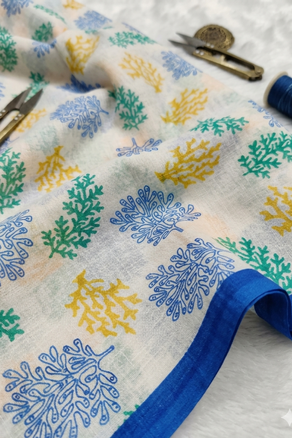 Blue Border Floral Printed Linen Blend Saree with Striped Pallu