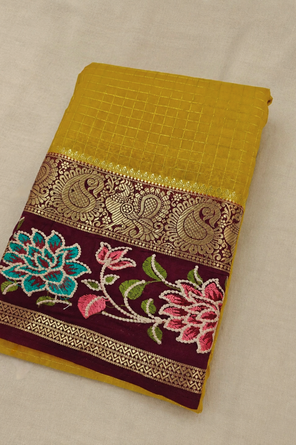 Mustard Yellow Mysore Crepe Saree with Rich Floral Contrast Border & Blouse
