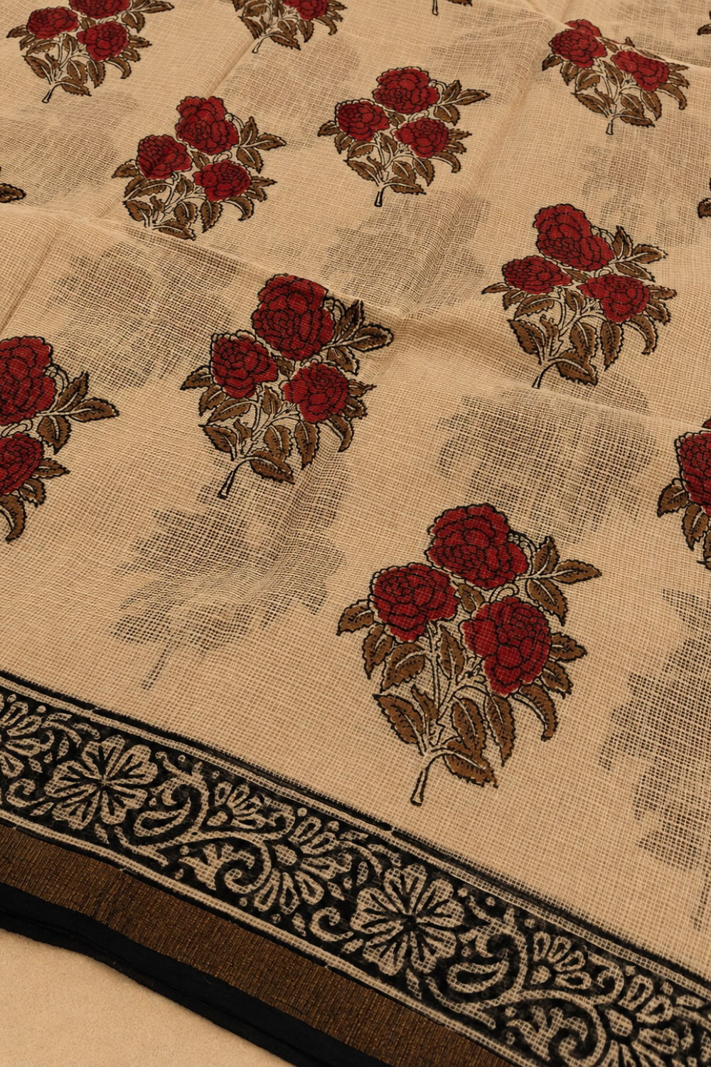 Ivory and Red Floral Hand Block Printed Kota Doria Saree