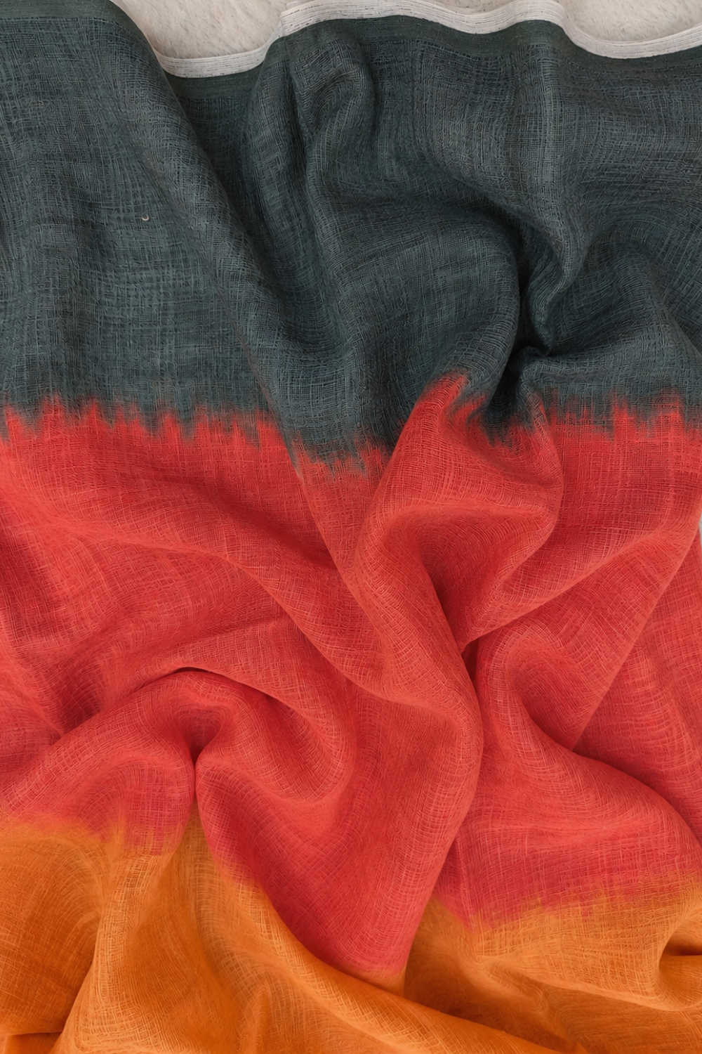 Tricolour Ombre Linen Blend Saree – Grey, Red & Mustard
