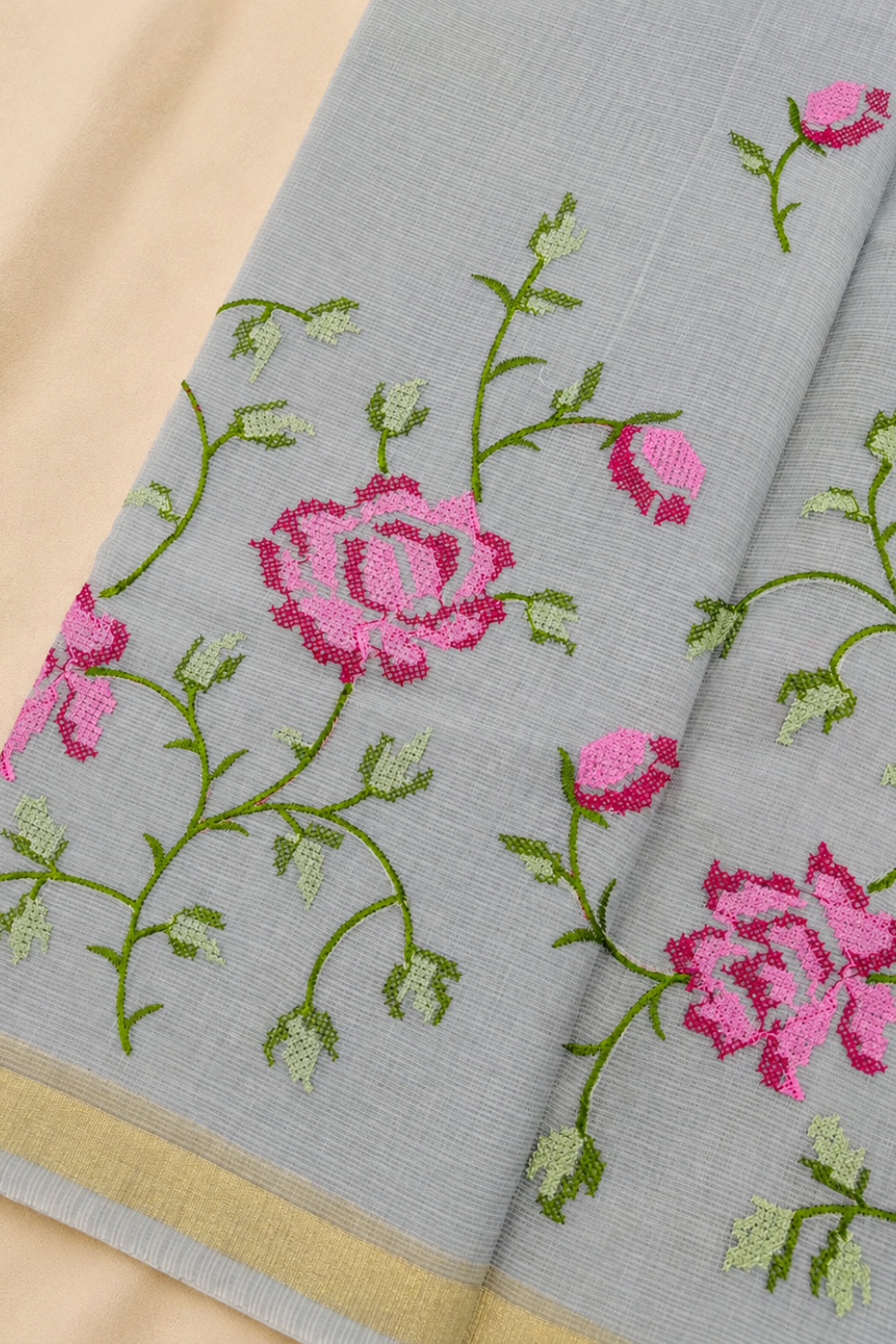 Elegant Dove Grey Embroidered Kota Saree