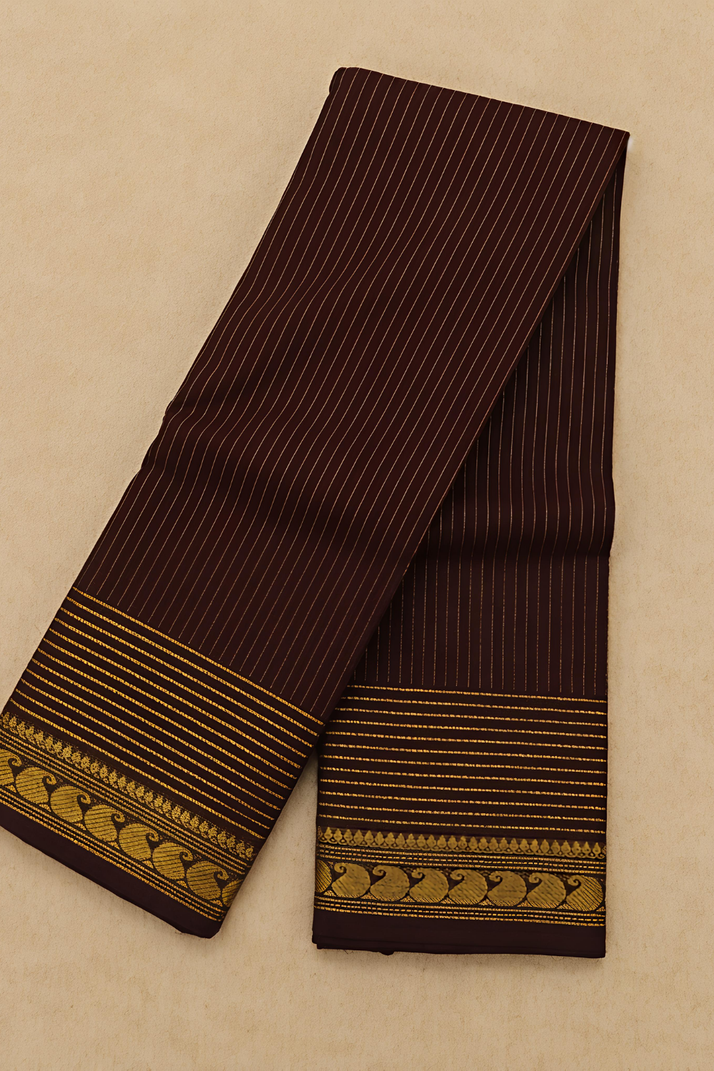 Coffee Brown Chettinad Cotton Saree with Golden Stripes & Peacock Border