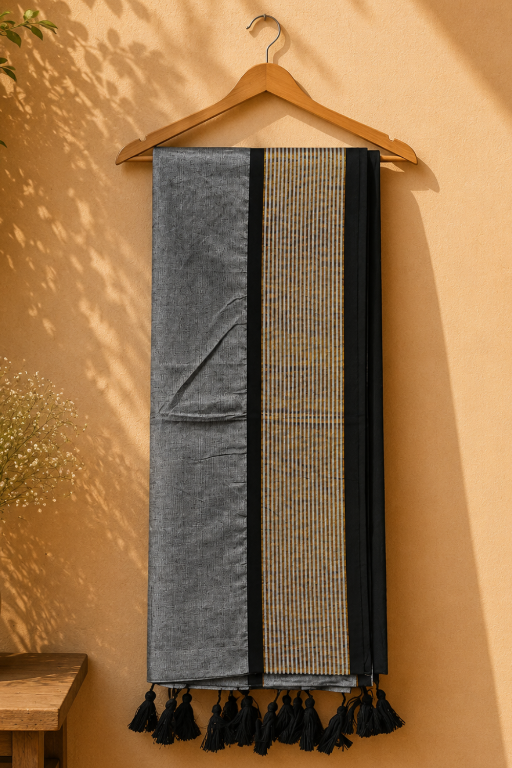 Charcoal Grey Mul Mul Cotton Saree with Black Border