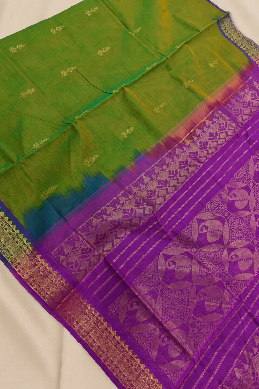 Parrot Green & Purple Chettinad Cotton Saree with Traditional Gold Motifs