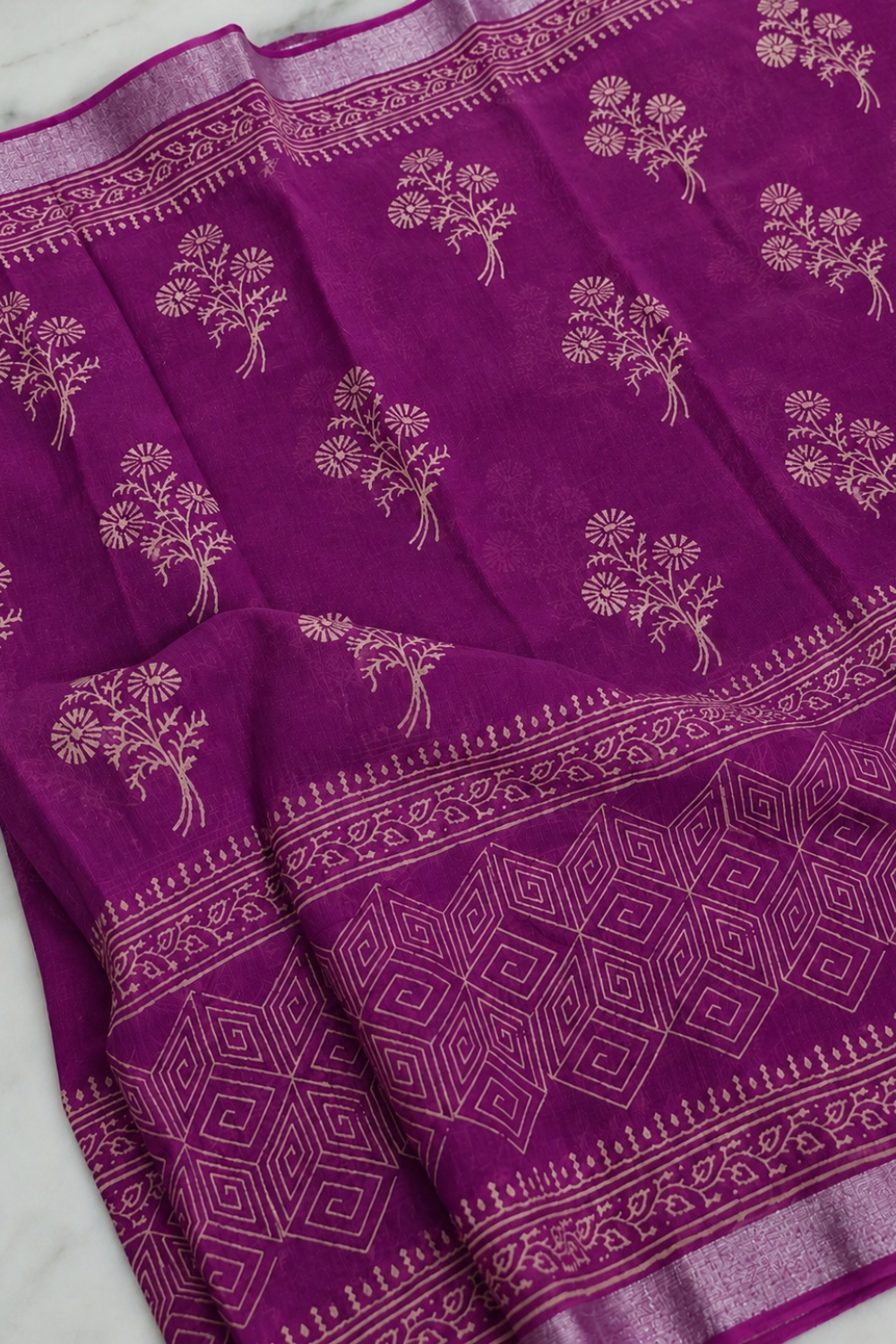 Wine Magenta Linen Saree with Traditional Block Print