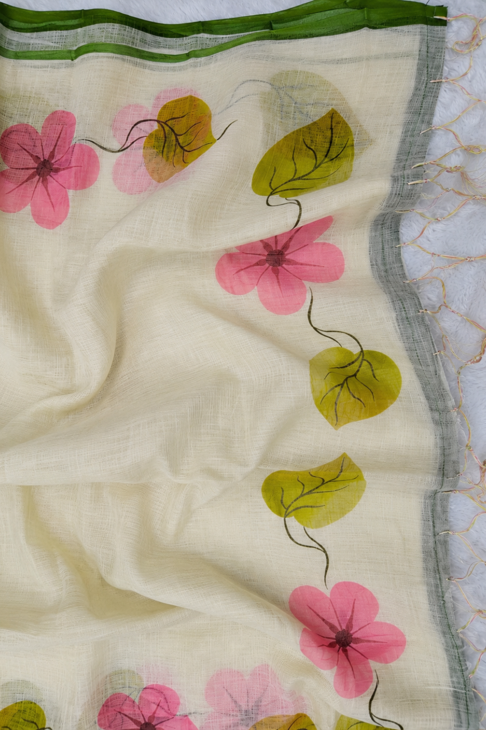 Ivory Floral Linen Blend Saree with Green Border