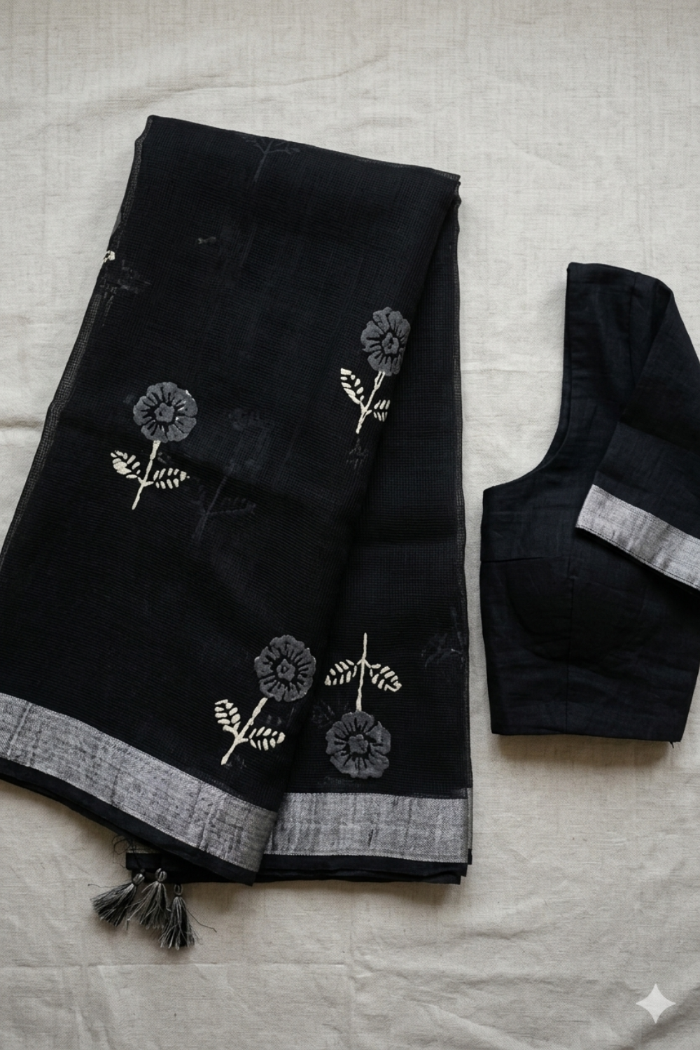 Black Hand Block Print Linen Saree with Silver Woven Border