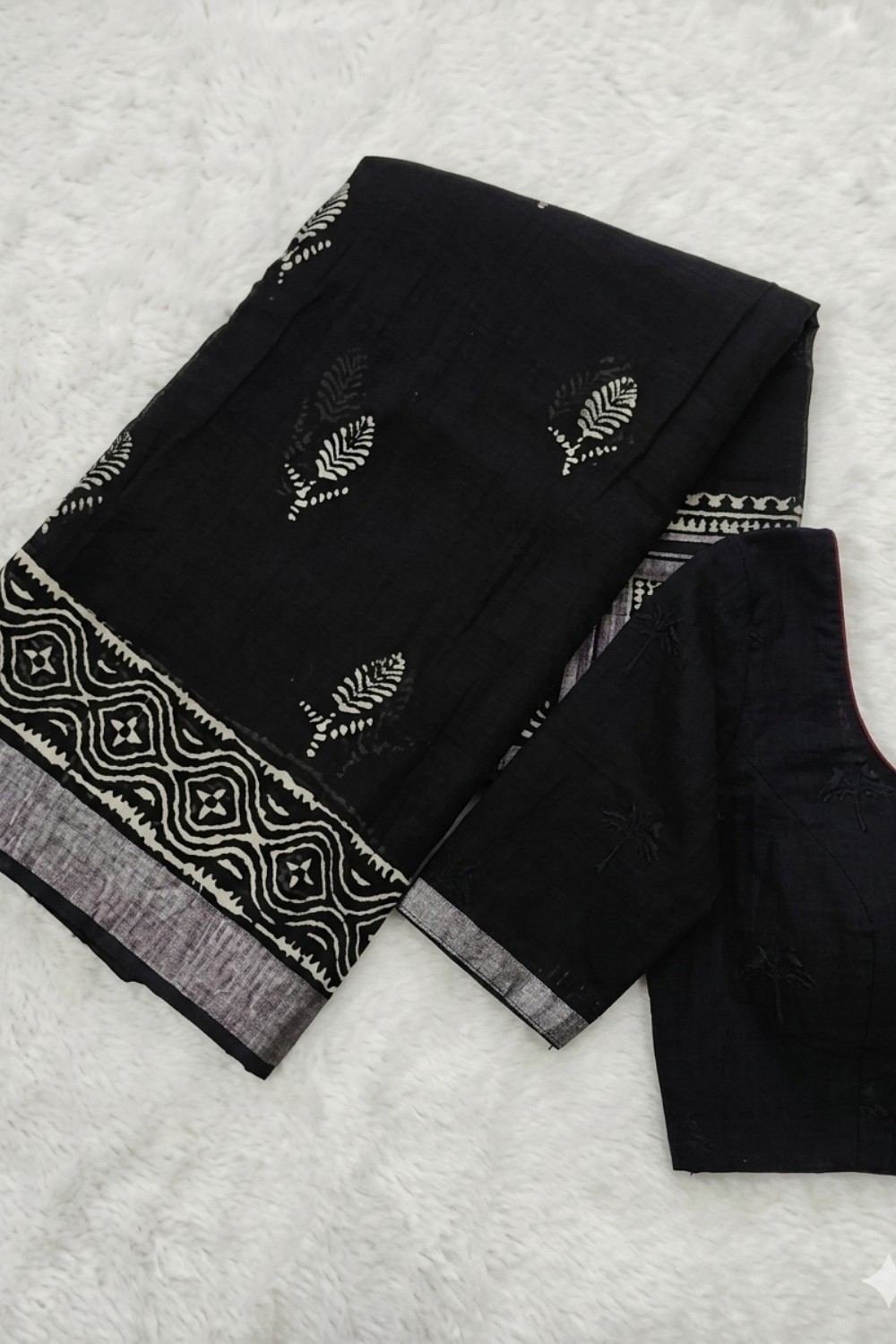 Black Hand Block Print Linen Saree with Woven Geometric Border