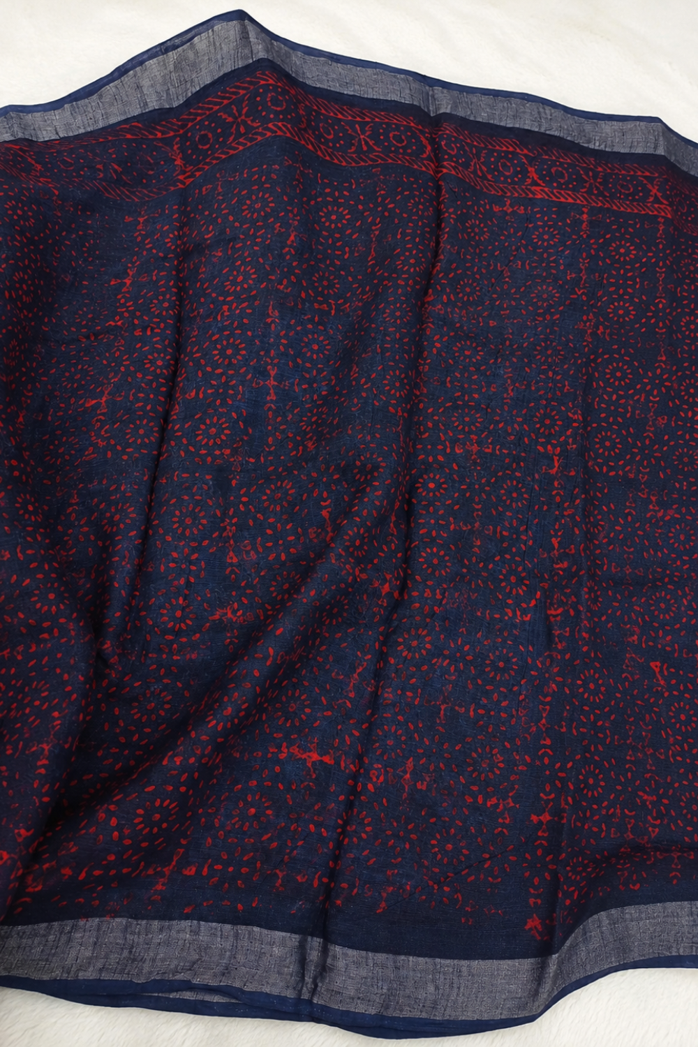 Navy Blue Linen Saree with Traditional Block Prints