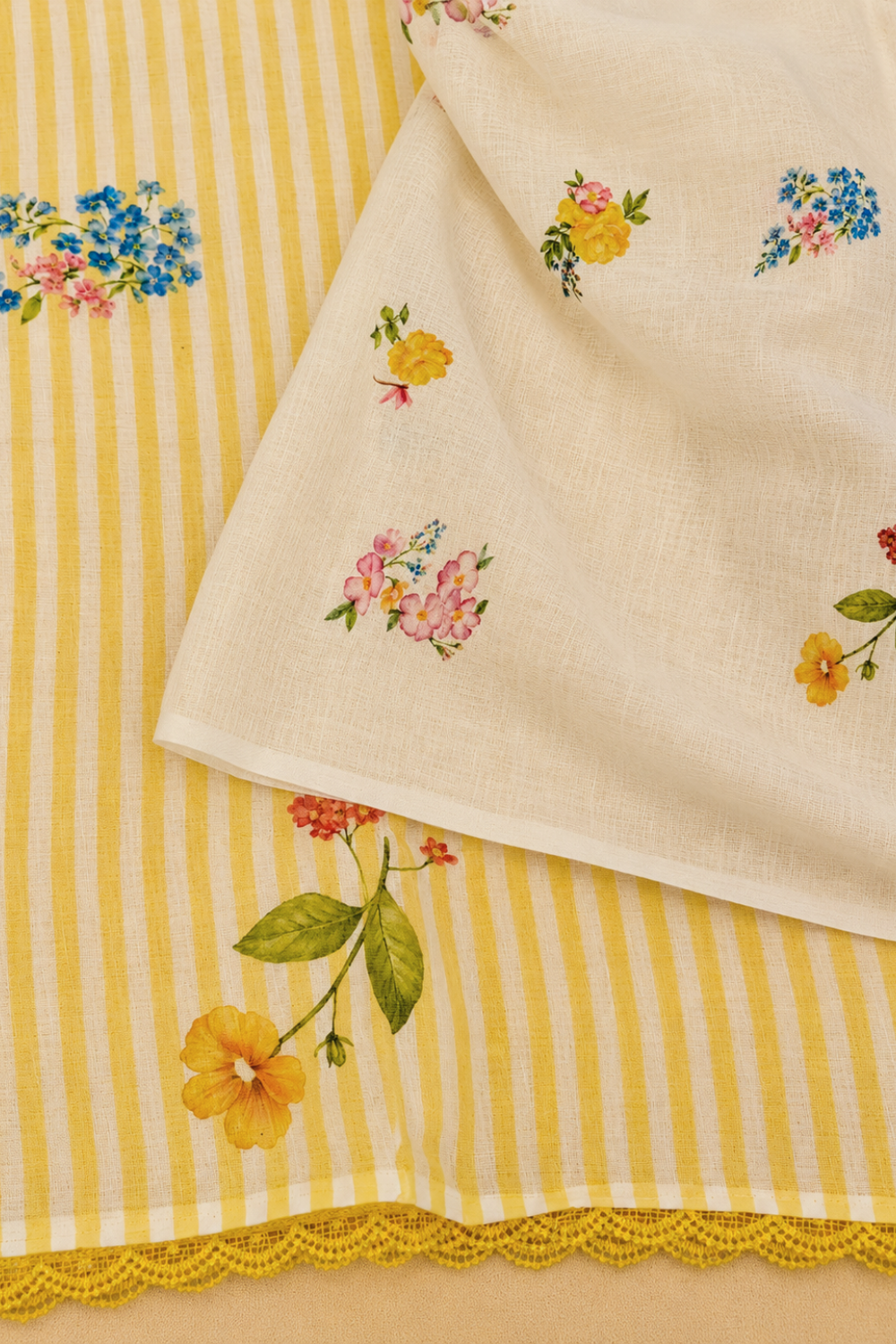 Yellow & White Striped Linen Saree with Floral Prints