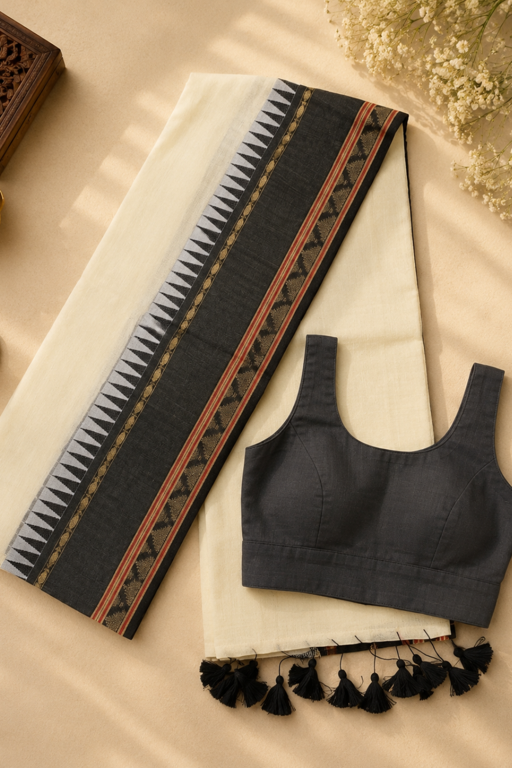Off White Mul Mul Cotton Saree with Grey Temple Border