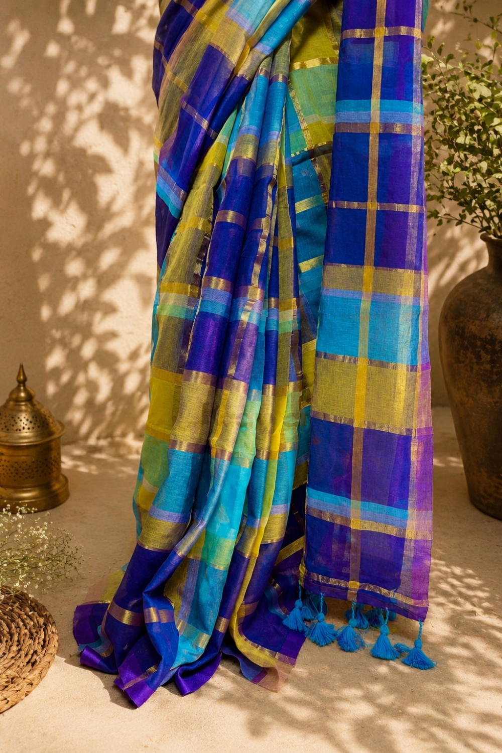 Blue & Green Multicolour Checked Mul Mul Cotton Saree