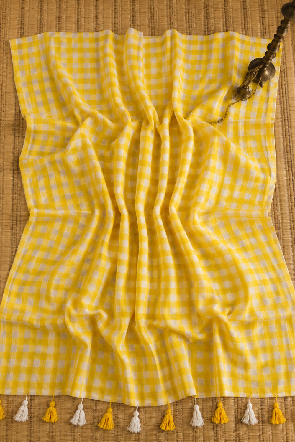 Yellow & White Checked Mul Mul Cotton Saree with Tassels