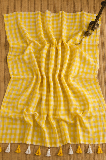Yellow & White Checked Mul Mul Cotton Saree with Tassels