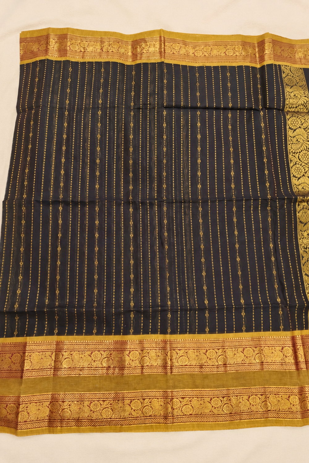 Deep Brown Chettinad Cotton Saree with Antique Gold Floral Border