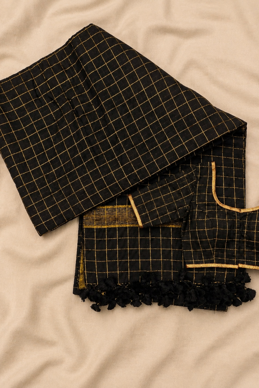 Black & Gold Checks Mul Mul Cotton Saree