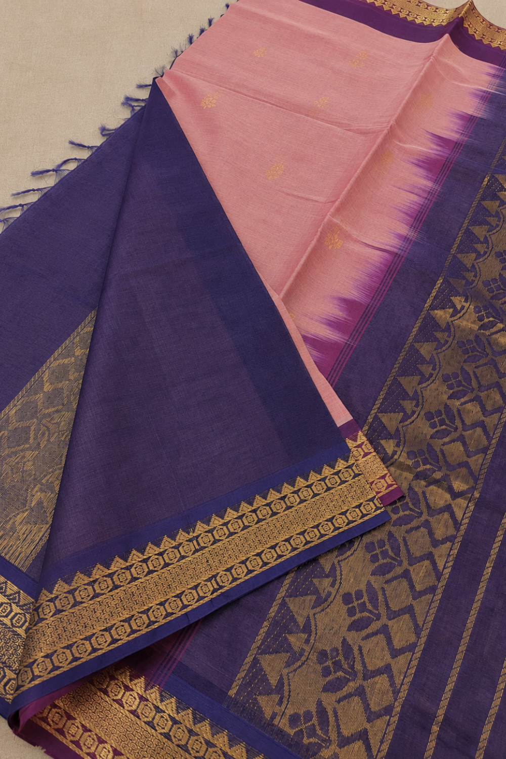 Blush Pink & Violet Chettinad Cotton Saree with Traditional Gold Zari Border