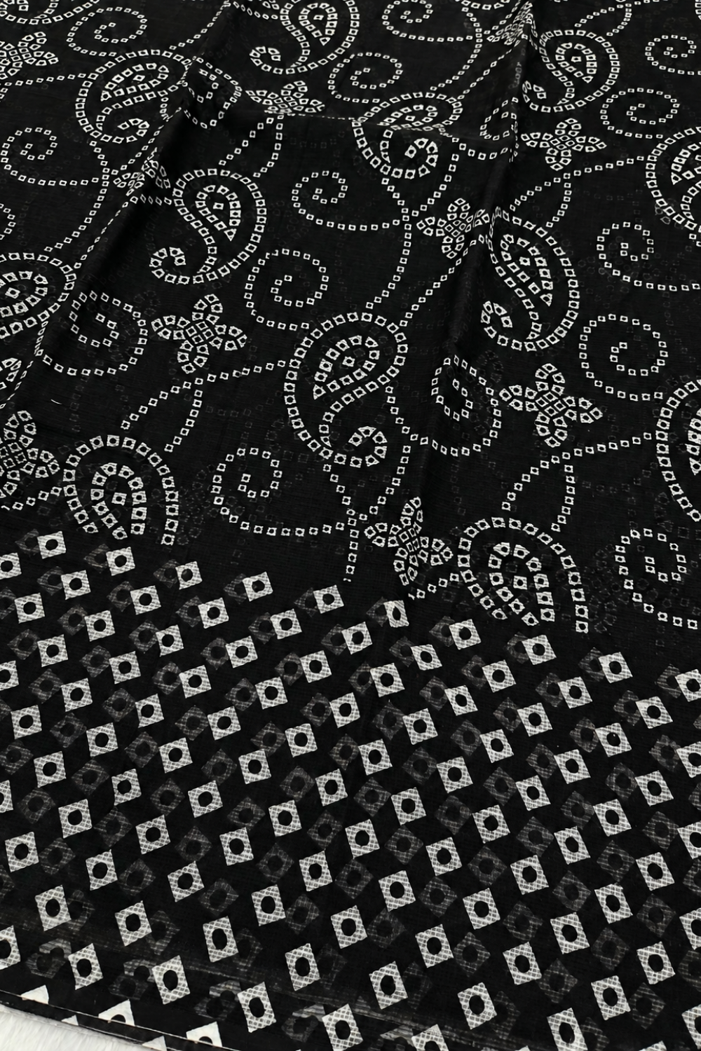 Black Kota Saree with White Bandhani-Inspired Print & Contrast Pink Blouse