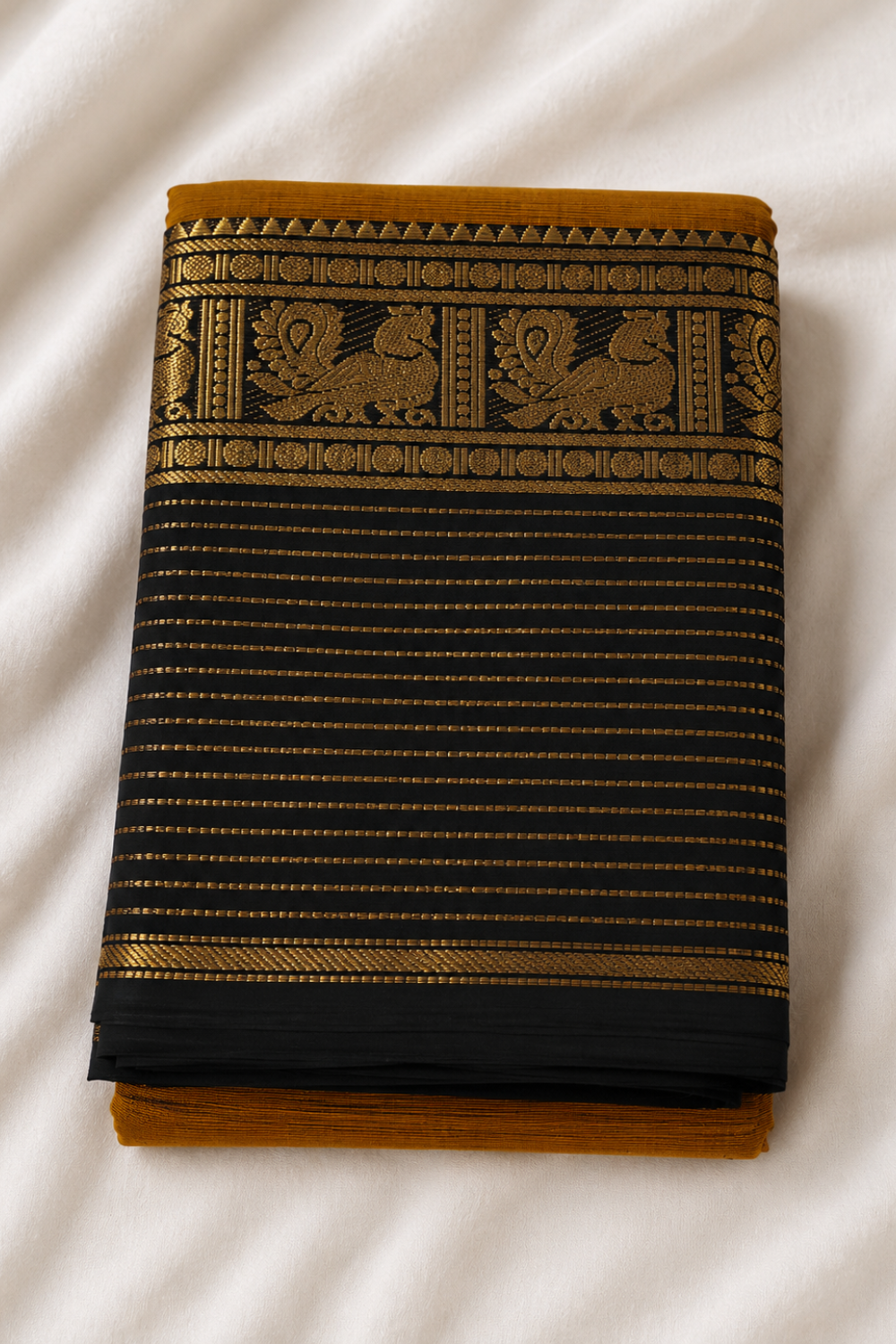 Mustard Handloom Chettinad Cotton Saree with Black Peacock Motif Border