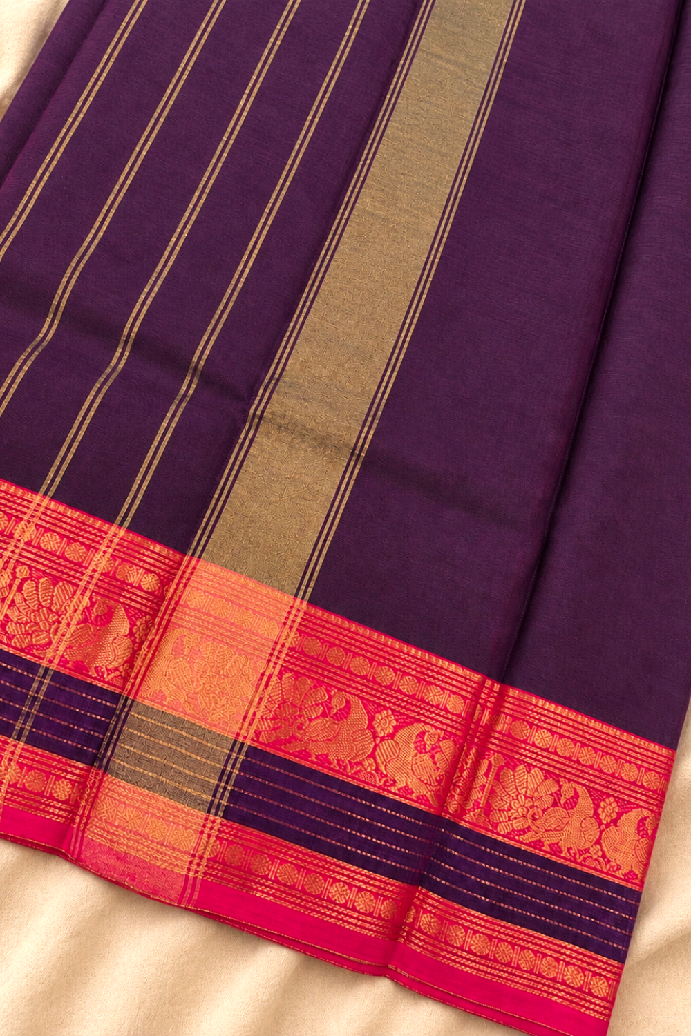 Purple Handloom Chettinad Cotton Saree with Rani Pink Peacock Motif Border
