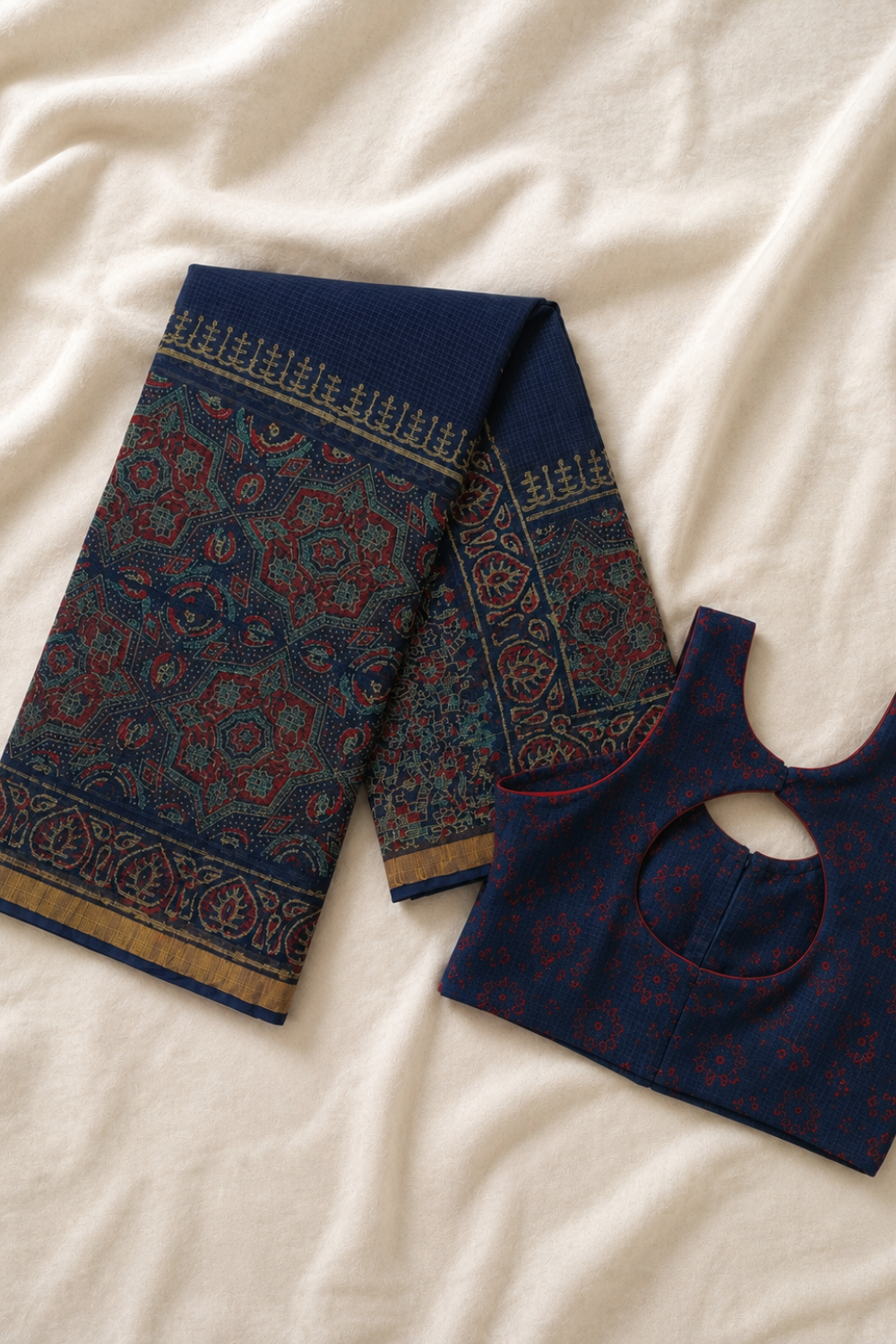 Navy Blue Hand Block Print Kota Doria Saree with Ajrakh Pallu