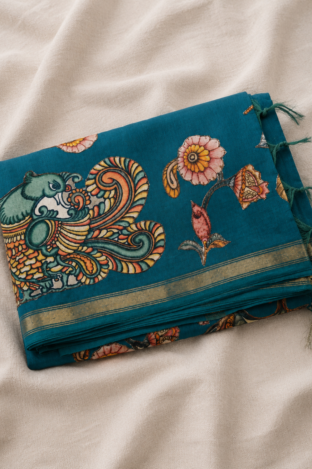 Teal Blue Linen Chanderi Saree with Floral & Peacock Print