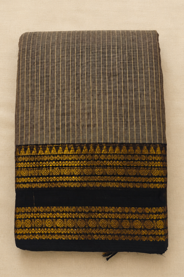 Charcoal Grey Chettinad Cotton Saree with Black & Gold Traditional Border