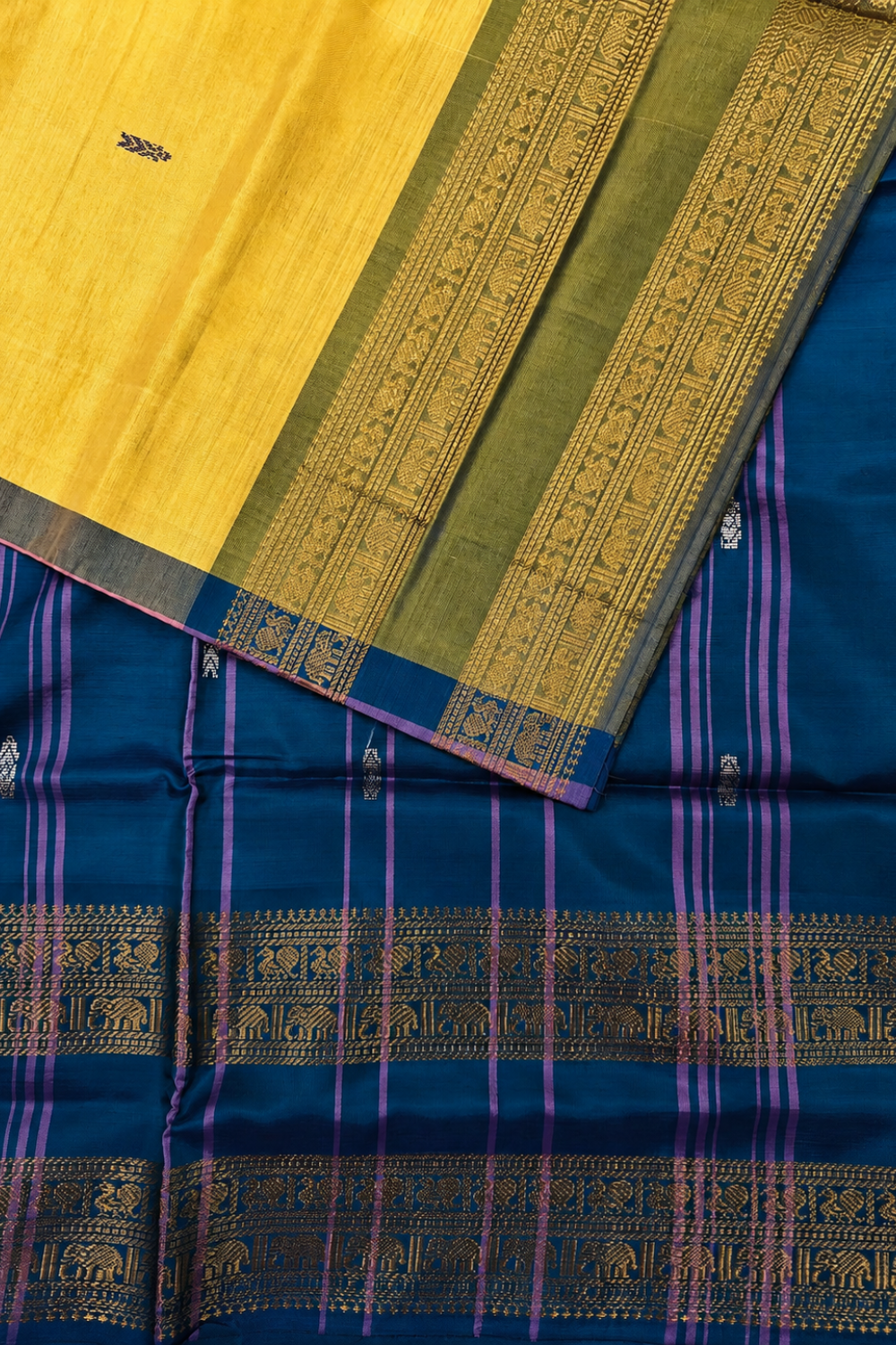 Sunflower Yellow & Royal Blue Vazhainaar Pattu Saree with Rich Contrast Zari Pallu