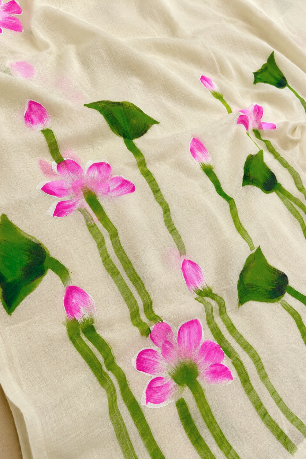 Hand-Painted Lotus Mul Mul Cotton Saree