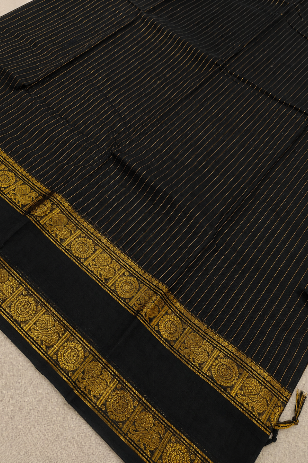 Classic Black Chettinad Cotton Saree with Traditional Golden Temple Border