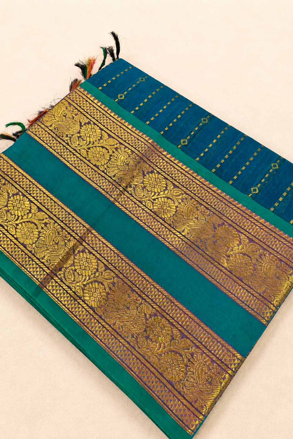 Peacock Blue Chettinad Cotton Saree with Rich Gold Zari Border & Floral Motifs
