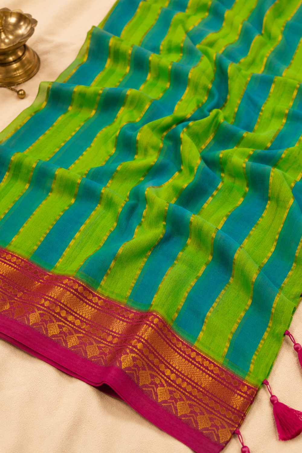 Blue & Green Striped Mul Mul Cotton Saree