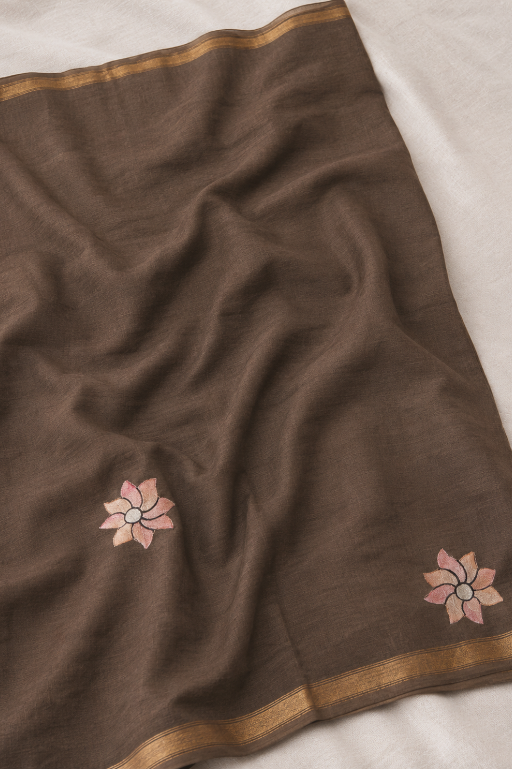 Brown Linen Chanderi Saree with Floral & Peacock Appliqué