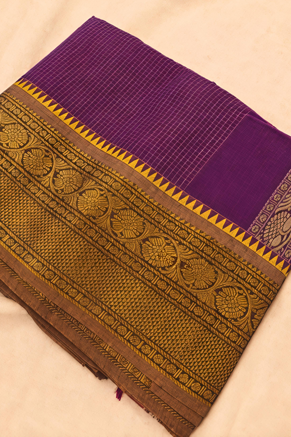 Royal Purple Chettinad Cotton Saree with Rich Gold Zari Border