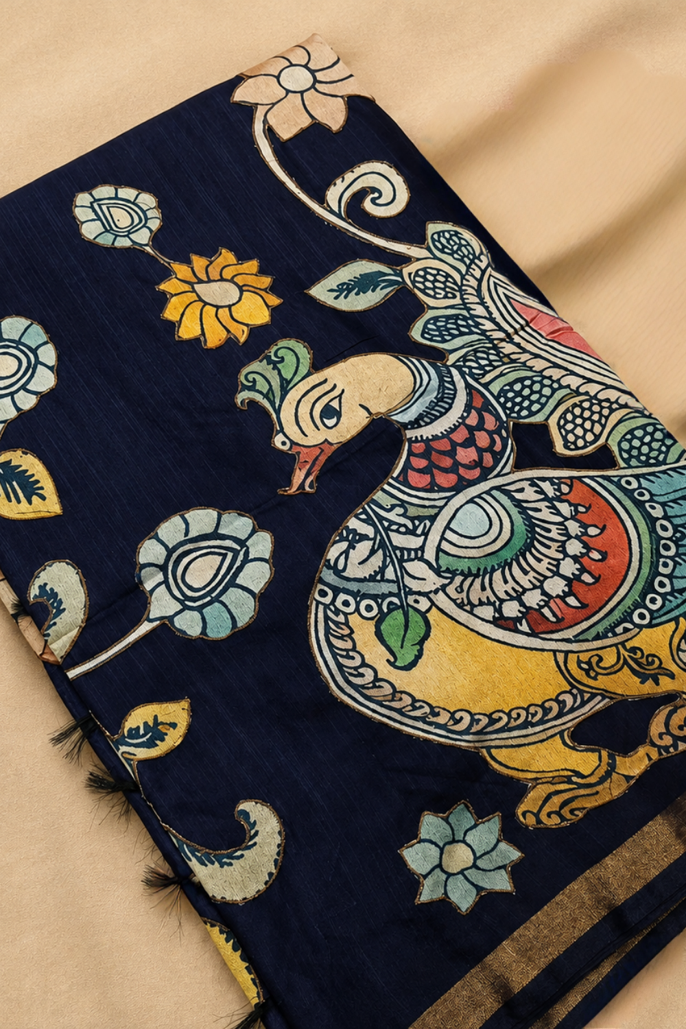 Navy Blue Linen Saree with Multicolour Appliqué Peacock & Floral Work