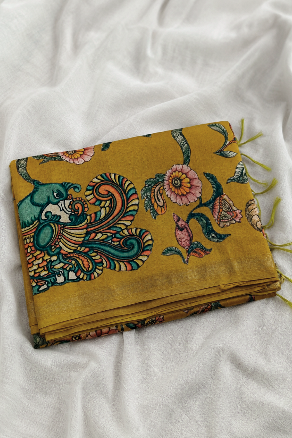 Mustard Yellow Linen Chanderi Saree with Floral & Peacock Print
