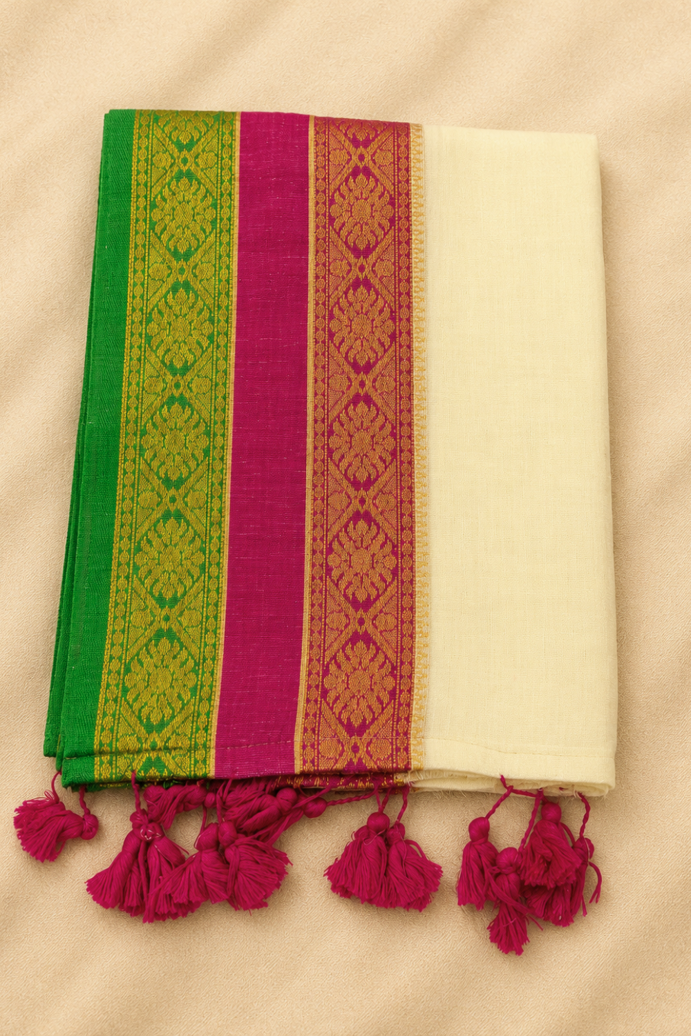 Off White Mul Mul Cotton Saree with Pink & Green Border