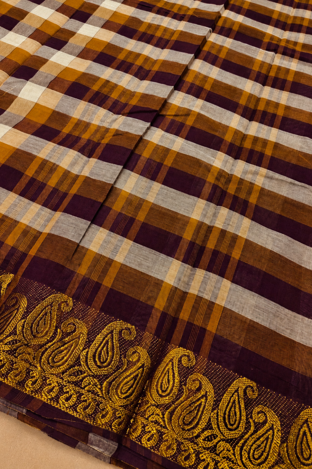 Brown Madras Checks Cotton Saree with Gold Zari Border