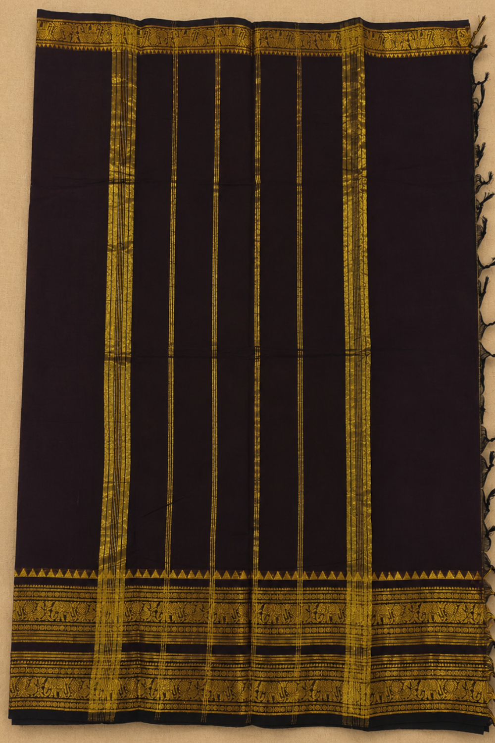 Coffee Brown Chettinad Cotton Saree with Traditional Zari Border