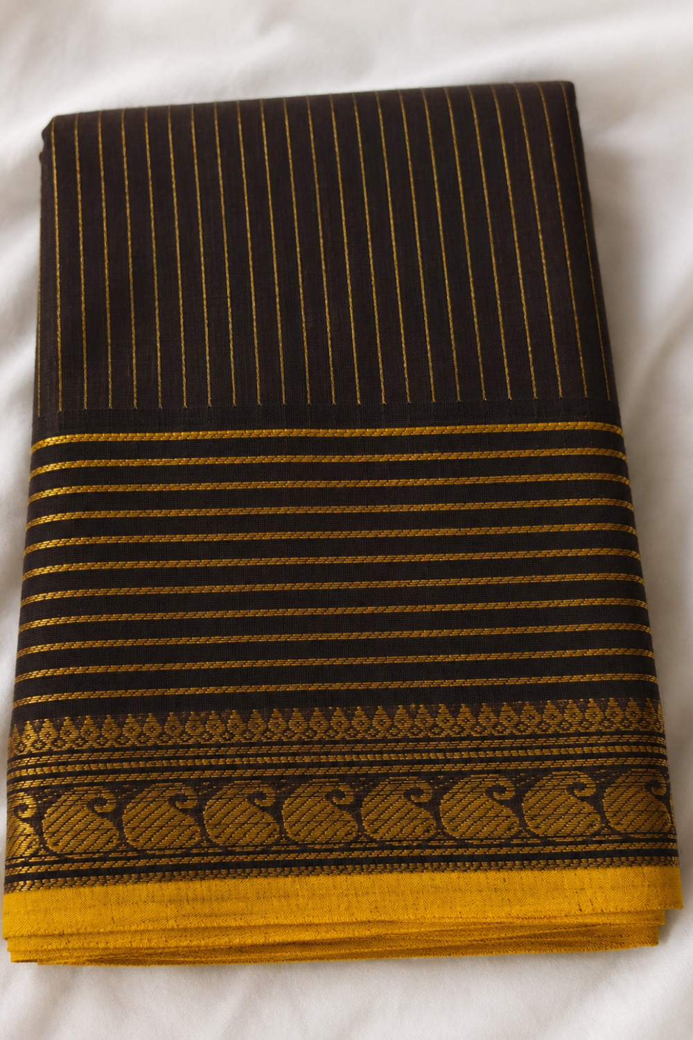 Coffee Brown Handloom Chettinad Cotton Saree with Stripes, Mango Motif Border & Mustard Yellow Selvedge