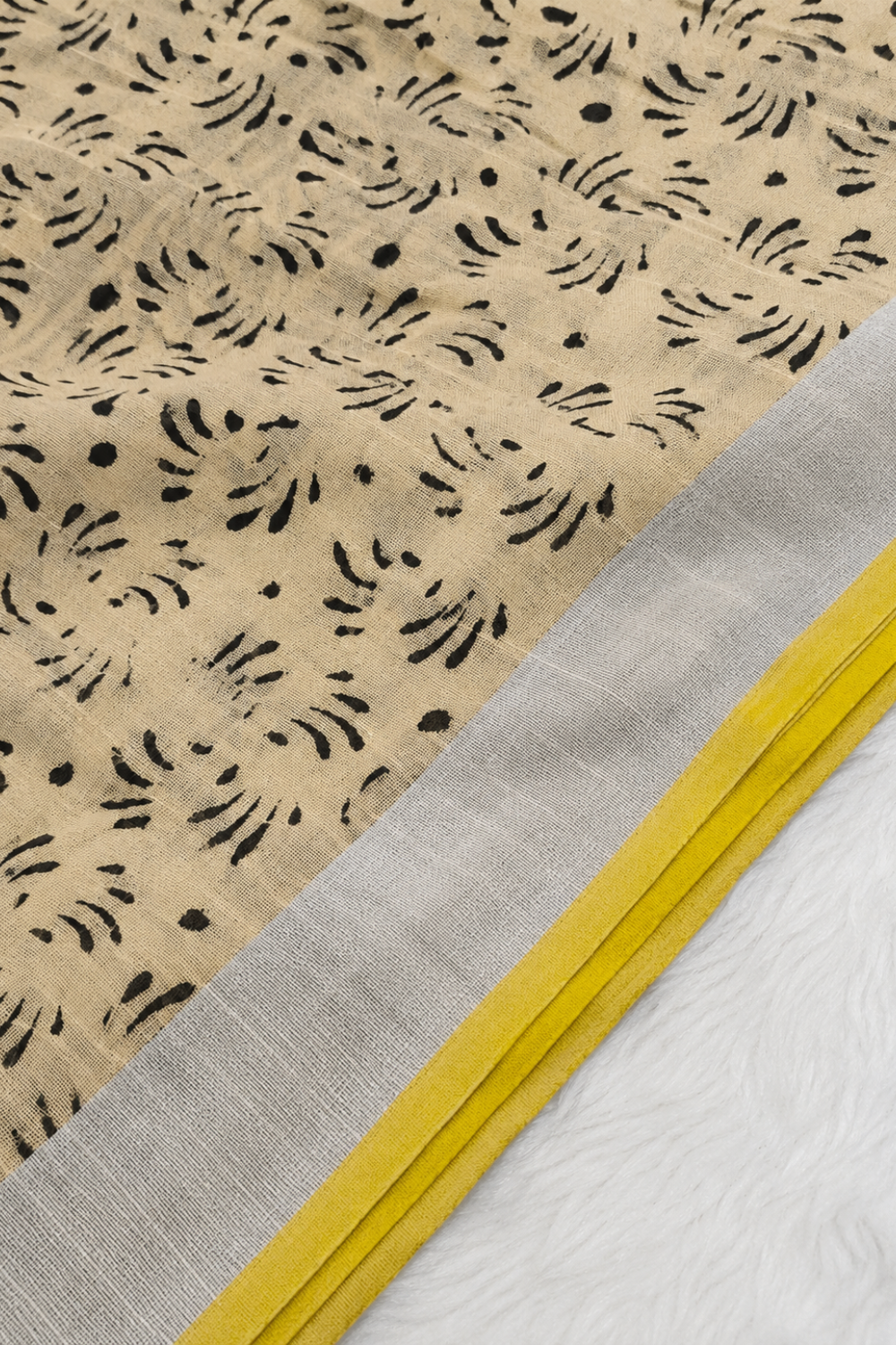 Ivory & Lavender Chevron Print Linen Saree with Mustard Accents