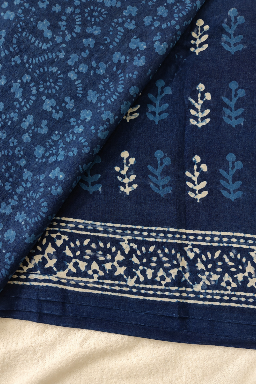 Indigo Blue Hand Block Print Linen Saree with Woven Border
