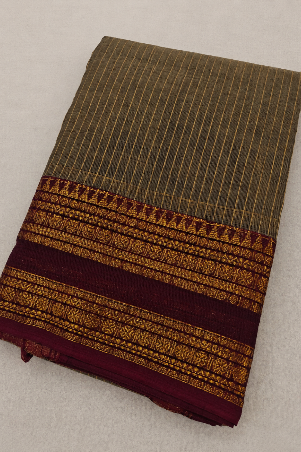 Grey Chettinad Cotton Saree with Maroon Zari-Inspired Border