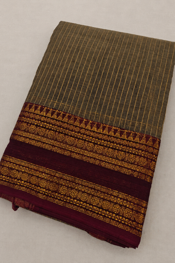 Grey Chettinad Cotton Saree with Maroon Zari-Inspired Border
