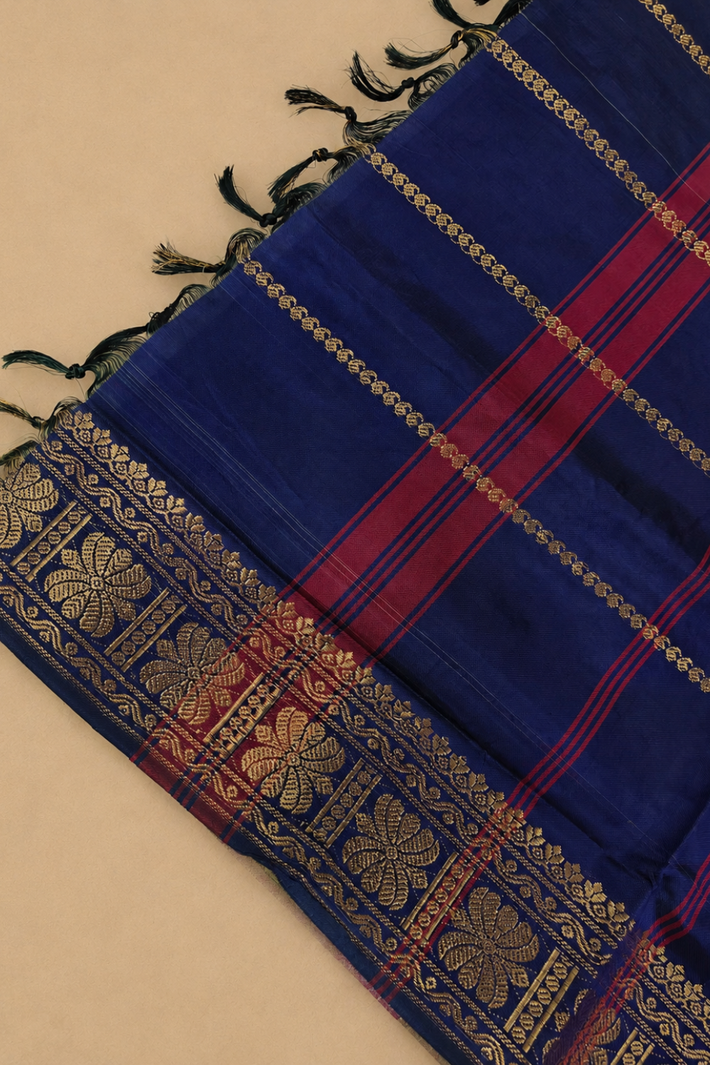 Dusty Mauve & Navy Blue Vegan Silk Saree with Gold Zari Border