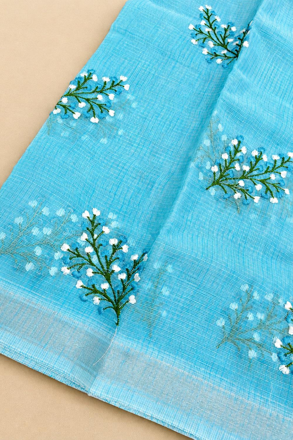 Sky Blue Kota Saree with Delicate Floral Embroidery
