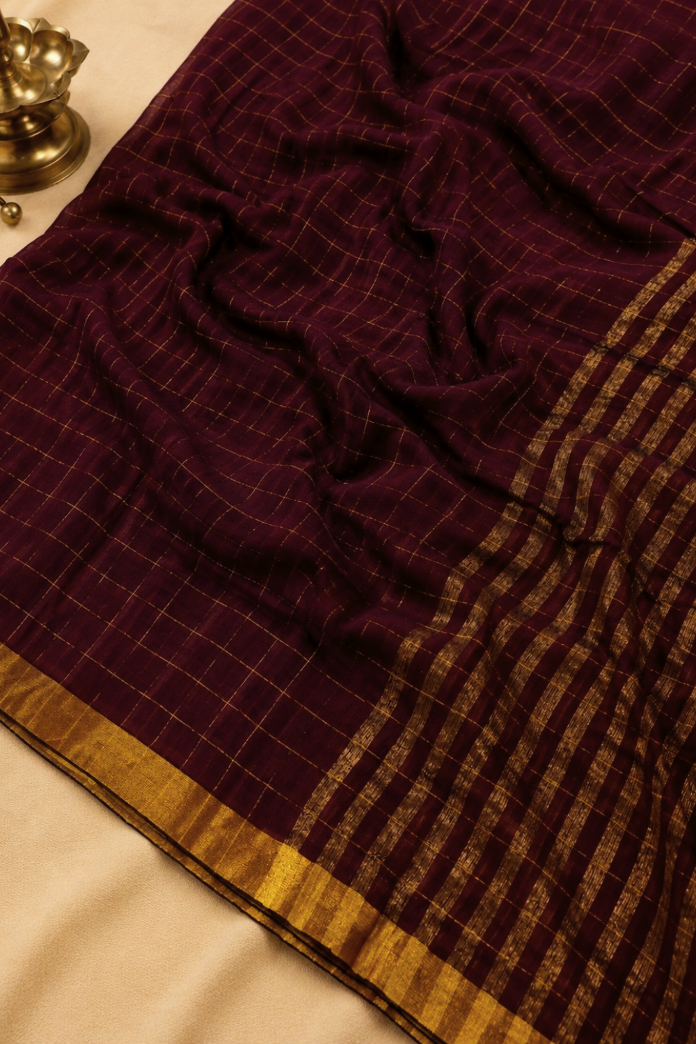 Deep Maroon Checked Mul Mul Cotton Saree with Zari Border & Tassel Pallu