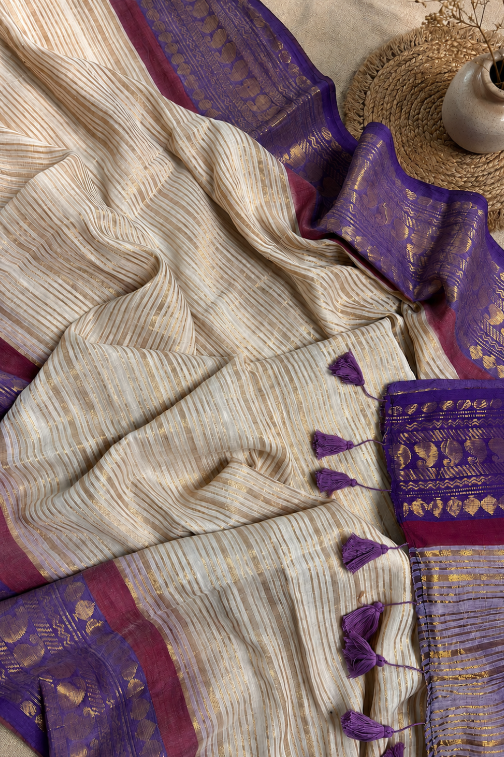 Off White 120 Count Mul Mul Cotton Saree with Violet Zari Border & Golden Stripes