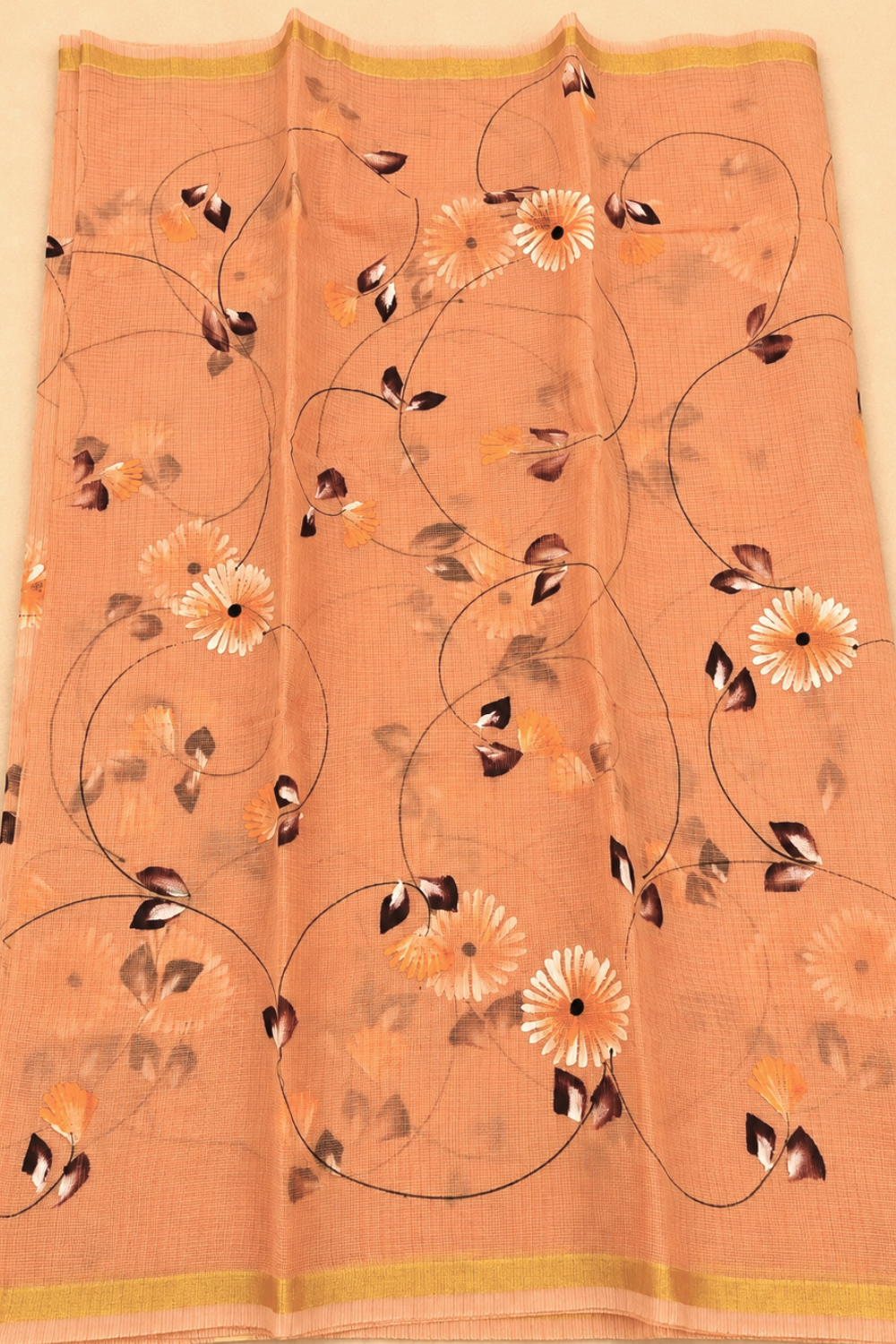Peach Orange Hand-Painted Kota Saree with Floral Artwork & Golden Border