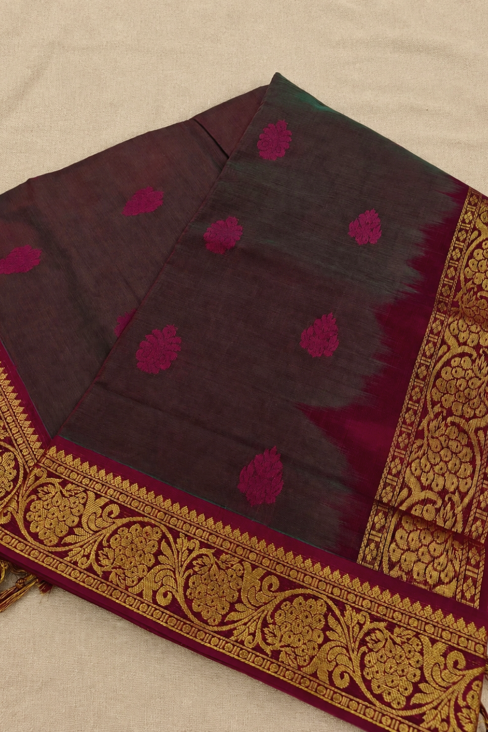 Deep Wine & Magenta Floral Chettinad Cotton Saree with Antique Gold Border